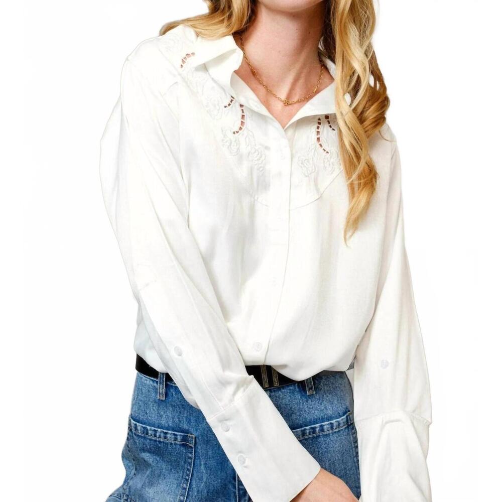 NEW BLUE B embroidered western yoke button-up blouse in off white